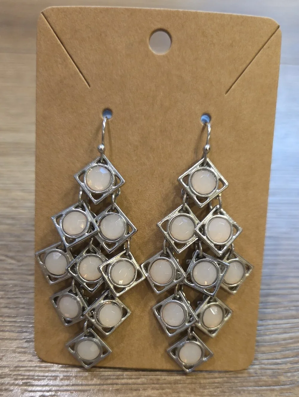 Silver Tone Geometric Chandelier Statement Earrings Blush Pink Stones